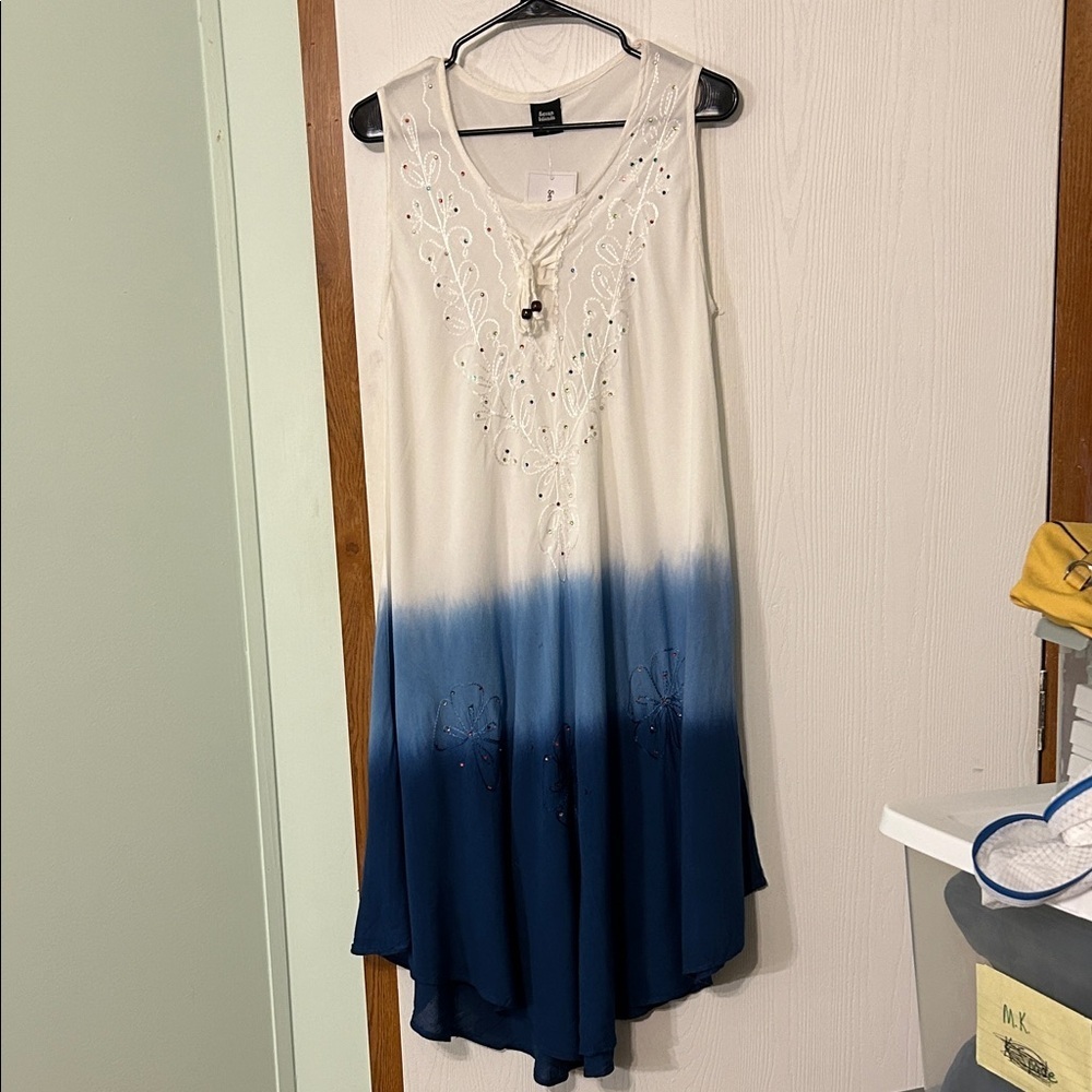 Seven Islands Blue and White Ombré Sleeveless Dress With Rhinestone Accents